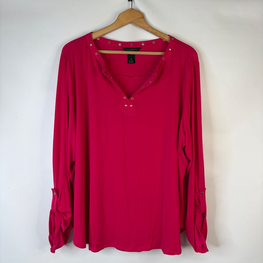 Investments II Blouse Women 3X Magenta Pink Grommet Split Neck Roll-Tab Sleeve